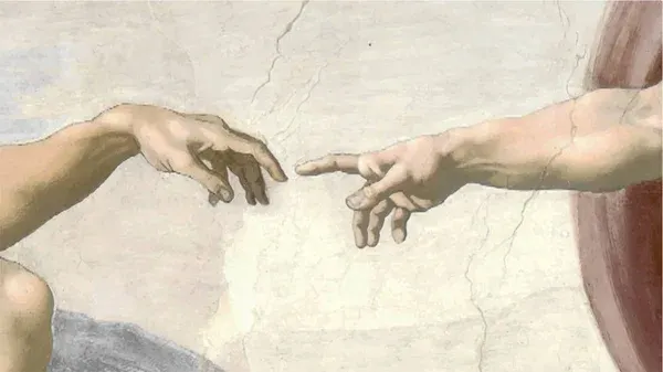 Detalhe da pintura A Criação de Adão, com duas mãos prestes a se tocar